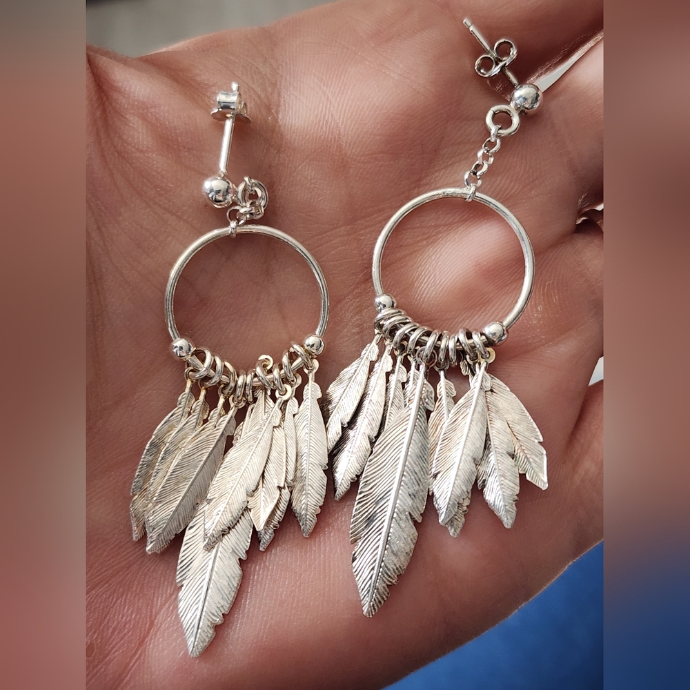 Sterling Silver Feather Dangle Earrings - Picture 2 of 3